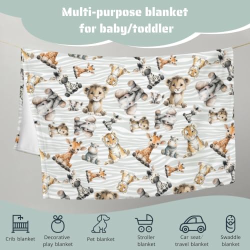Image of HawSkgFub Kids Safari Baby Animals Blanket Boy Girl Gift, Nursery Jungle Elephant Giraffe Zebra Lion Leopard Hippo Lightweight Fluffy Flannel Fleece Blankets, Soft Warm Toddler Nap Bedding Decor 60x80