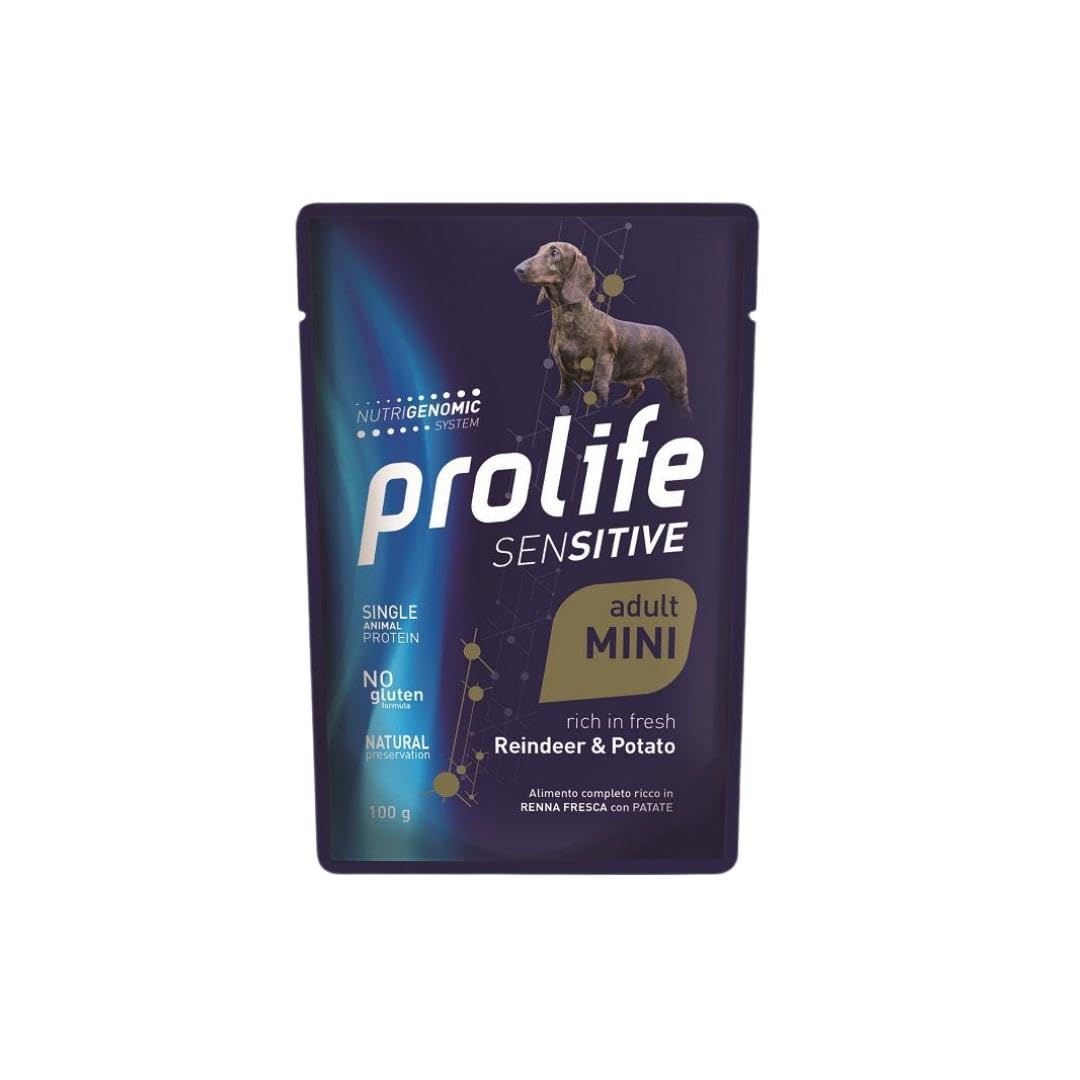 Prolife Umido Cane Sensitive Adult Mini, alimento completo per cani adulti di tutte le taglie, gusto RENNA FRESCA e PATATE 100g | 12 bustine da 100 grammi l'una.