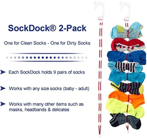 SockDock Sock Laundry Tool & Storage Hanger for Washing Drying & Storing Paired Socks, Clips & Locks, No Sorting or Matching, Foldable Closet Organizer Better Than Mesh Bag, 2-Pack (Red)