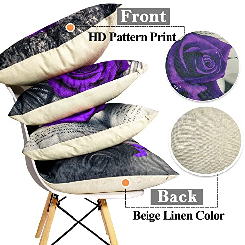 Okasion Set Of 4 18X18 Flower Throw Pillow Covers Purple Rose Couch Bed Decorative Pillow Covers Dark Purple Grey Black Floral Square Pillow Cases Purple Linen Farmhouse Pillow Cover (Purple Black) #TOP6