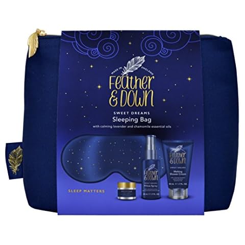 Feather & Down Sleeping Bag Gift Set (luxury eye mask, sleep balm, pillow spray and shower cream) - with calming lavender & chamomile essential oils. Vegan Friendly & Cruelty Free Cover