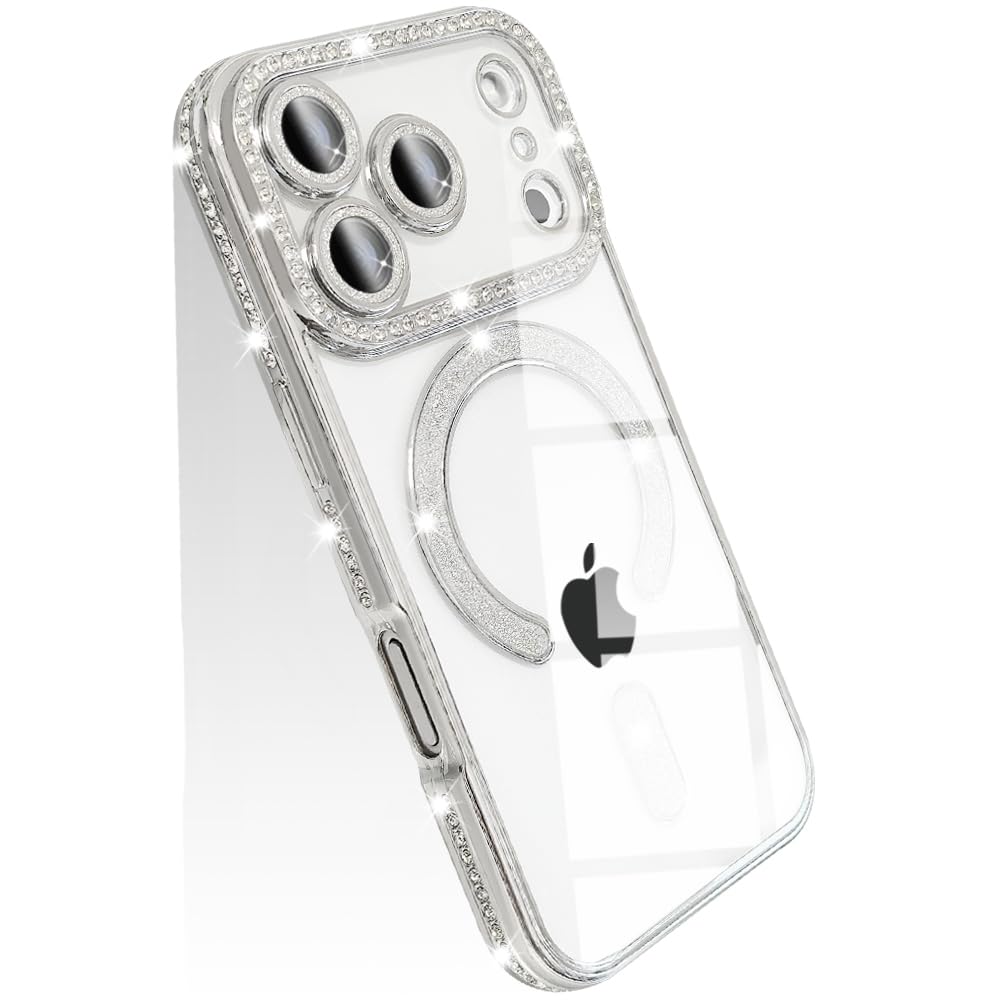 JOOBOY スマホケース 対応 iPhone17 Pro クリア ケース 透明 メッキ加工 Magsafe対応 きらきら ブリンブリン 衝撃吸収 かわいい キラキラ 女性 人気 キャラクター ワイヤレス充電対応 おしゃれ ストラップホール付き アイフォン17プロ 携帯カバー (シルバー)