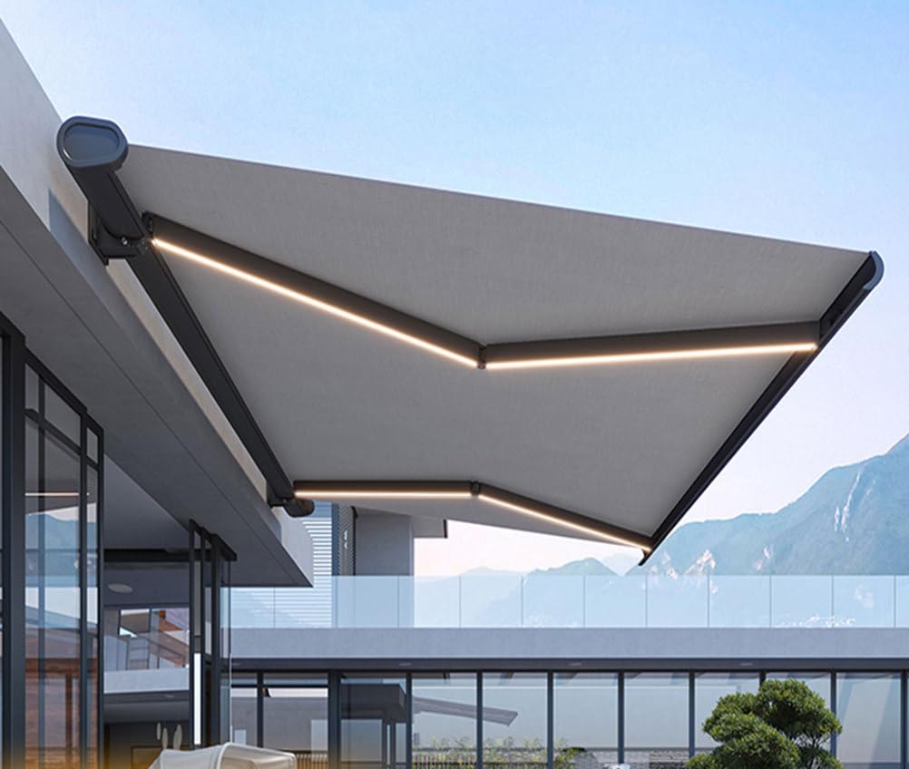 Tenda elettrica retrattile con telecomando, resistente ai raggi UV e all'acqua, con luci a LED per un maggiore comfort