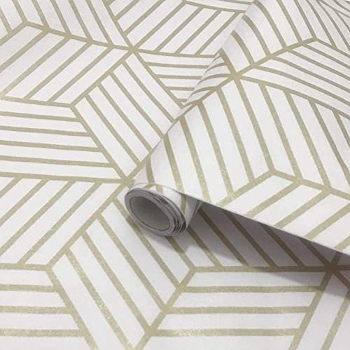 White And Gold Geometry Stripped Hexagon Peel And Stick Contact Paper Self Adhesive Wallpaper Removable Vinyl Film Decorative Shelf Drawer Liner Sticker 118 Inch X17.7 Inch #TOP3