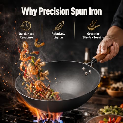 VIVIDCOOKWARE Carbon Steel Wok with Glass Lid, 12.6 Inch Flat Bottom Stir Fry Pan, Rolled Edge Spun Wok Pan, Coating-Free Wok for Induction, Gas & Electric Cooktops, 3–4 Servings — view 4