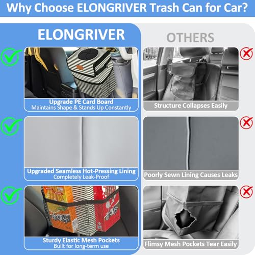 Image of ELONGRIVER Car Trash Can Bin for Back Seat Leak Proof, Cute Car Trash Bag Hanging, Vehicle Trash Can for SUV Truck Van, Automotive Garbage Cans Front Seat Stripe