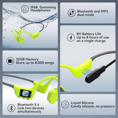 Image of Full-Coverage Liquid Silicone Swimming Headphones, IP68 Waterproof Underwater Headphones, Bluetooth 6.0&MP3 with 32GB Memory Card, Soft /Skin-Comfortable Open Ear Bone Conduction Swim Earbuds