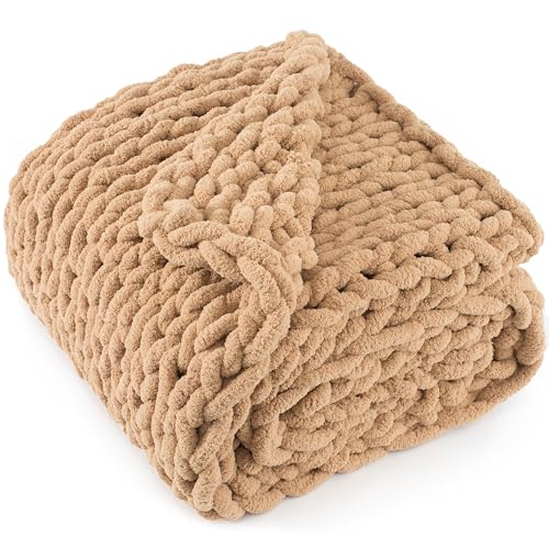 LONG CREATE Chunky Knit Throw Blanket 50'X 60', 100% Handmade with Soft Chenille Yarn, 4.4lbs Thick...