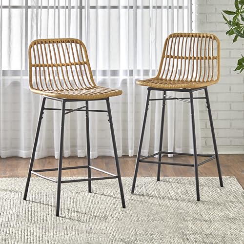Set de 2 butacos Giles de mimbre sintético y metal con respaldo, marco negro, altura de mostrador, estilo moderno para cocina, isla o exterior miniatura 2