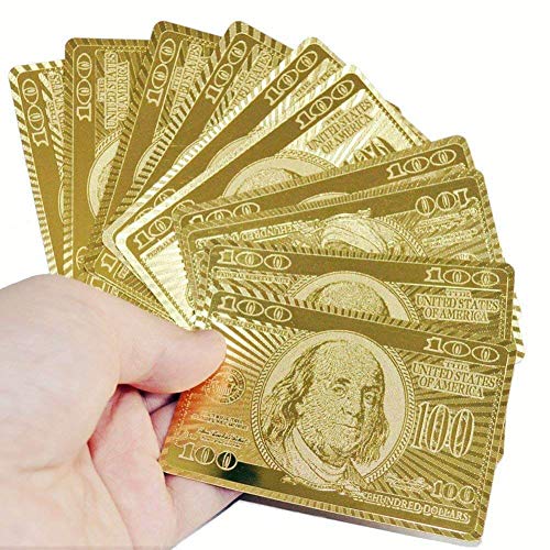 Image of Awestuffs Golden Foil Poker Playing Cards, 100 Dollar Design, Waterproof, Party Theme, Unisex Adult