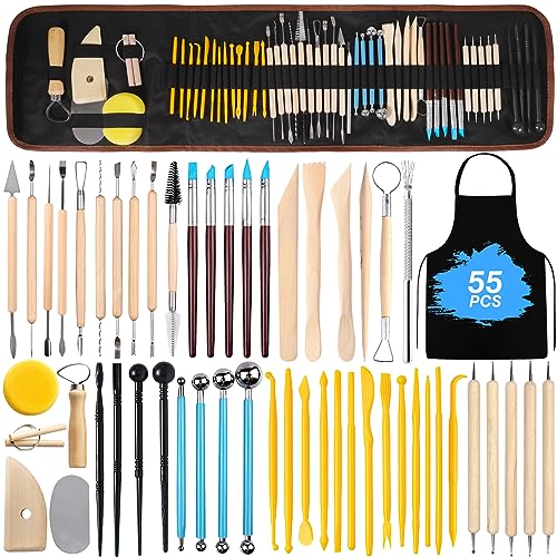 FAMKEEP 55 Pcs Outils de Sculpture,Outil Modelage Outil de Poterie Sculpture,Kit d'outils poterie avec Sac de Rangement pour Céramique,pour Sculpture,Artiste DIY,pour Débutants ou Professionnels