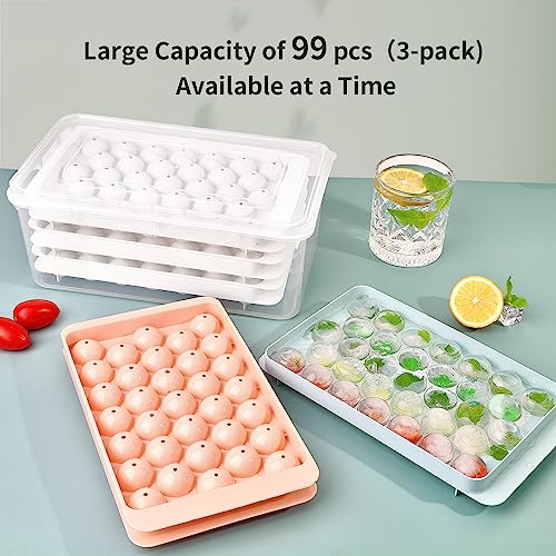 Ice Cube Tray, Round Ice Cube Trays For Freezer, Circle Ice Balls Maker Mold Making 1.2In X 99Pcs Sphere Ice Chilling Cocktail Whiskey Coffee, 3 Pack Ice Trays With Lid & Bin & Tong & Scoop (White) #TOP4
