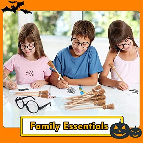 Wizard Party Supplies Set - Witch Broom Pencils,Wizard Glasses with Round Frame No Lenses,Lightning Bolt Scar Temporary Tattoo for Magic Theme Birthday Party,Halloween Decor,School Rewards,12pcs Each