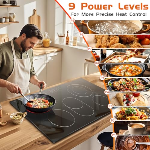 Image of Noxton 36 Inch Electric Cooktop 5 Burner Electric Stove Top, Built-in Radiant Ceramic Cooktop with Extended Zone, Sensor Touch Control, Child Safety Lock, Timer, Pause, 8400W 240V Hard Wire