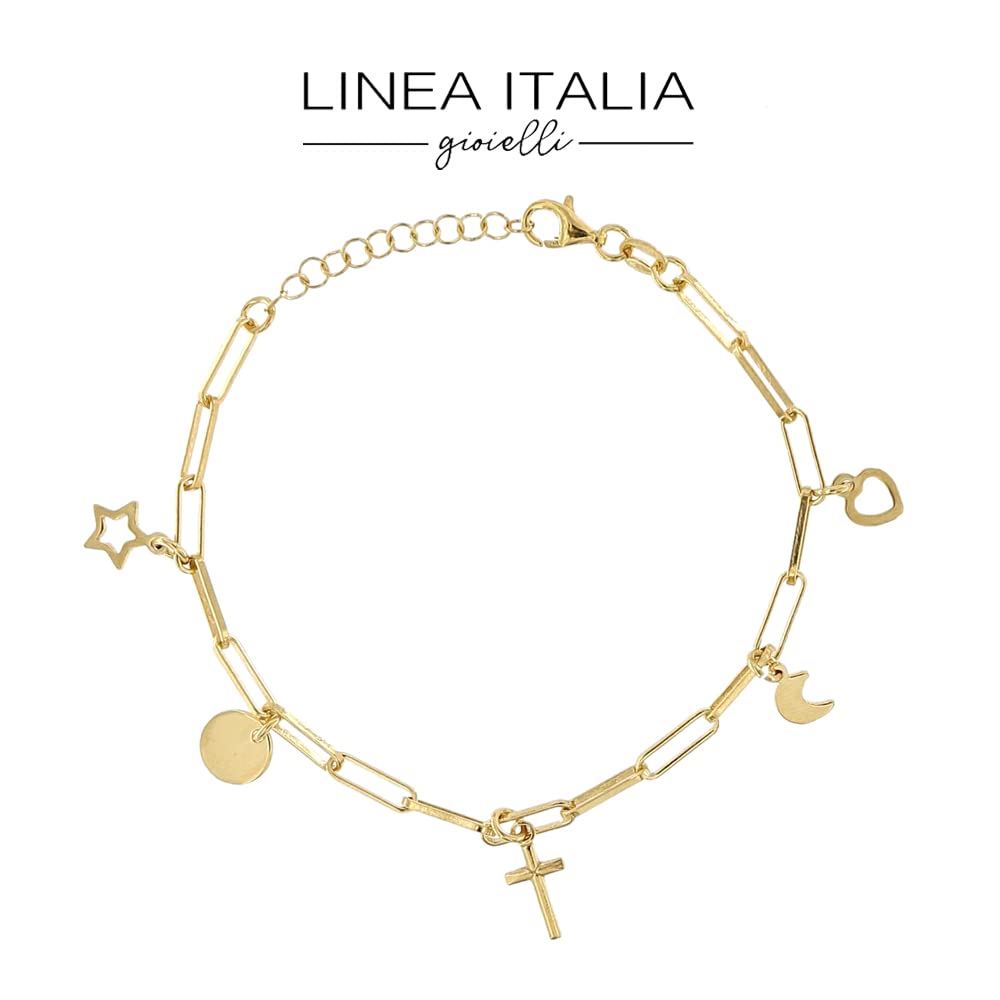 Linea Italia Gioielli - Pulsera de Plata 925 Bañada en Oro con Cadena y Colgantes de Corazón, Estrella, Cruz, Luna y Medalla - Joya Certificada Made in Italy