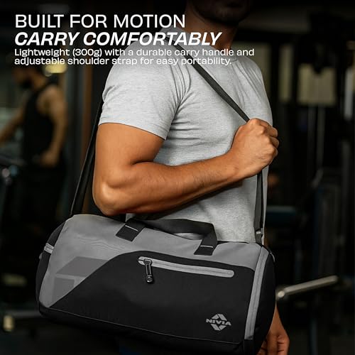 Image of Nivia Fuse Gym Duffle Bag for Men and Women, 25L Lightweight Training and Travel Bag with Shoe Compartment, Quick Access Pockets, and Adjustable Strap, Designed for Athletes, Travel (Black /Grey)