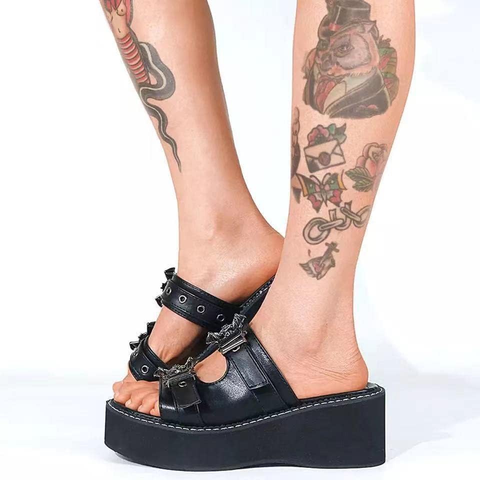 Gothniero women black platform sandals goth chunky wedge heel summer sandals girls gothic punk platform sandals for women metallic spider buckles slides size 5.5-11 - Image 5