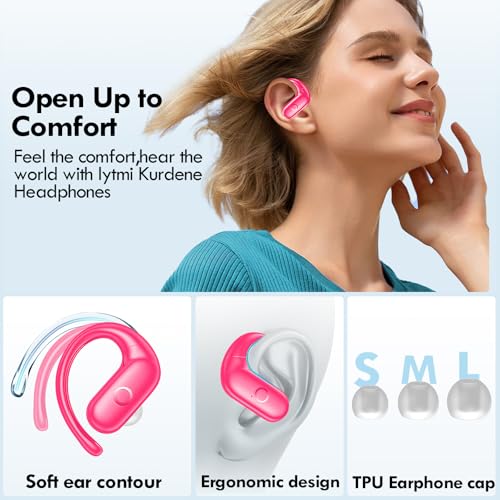 Image of kurdene Wireless Earbuds Bluetooth Headphones Sport,Over Ear Buds with Deep Bass Sound,60Hrs Playtime Earphones Redesigned Comfort Fit with Earhooks for Running,Meeting,Workout-Hot Pink