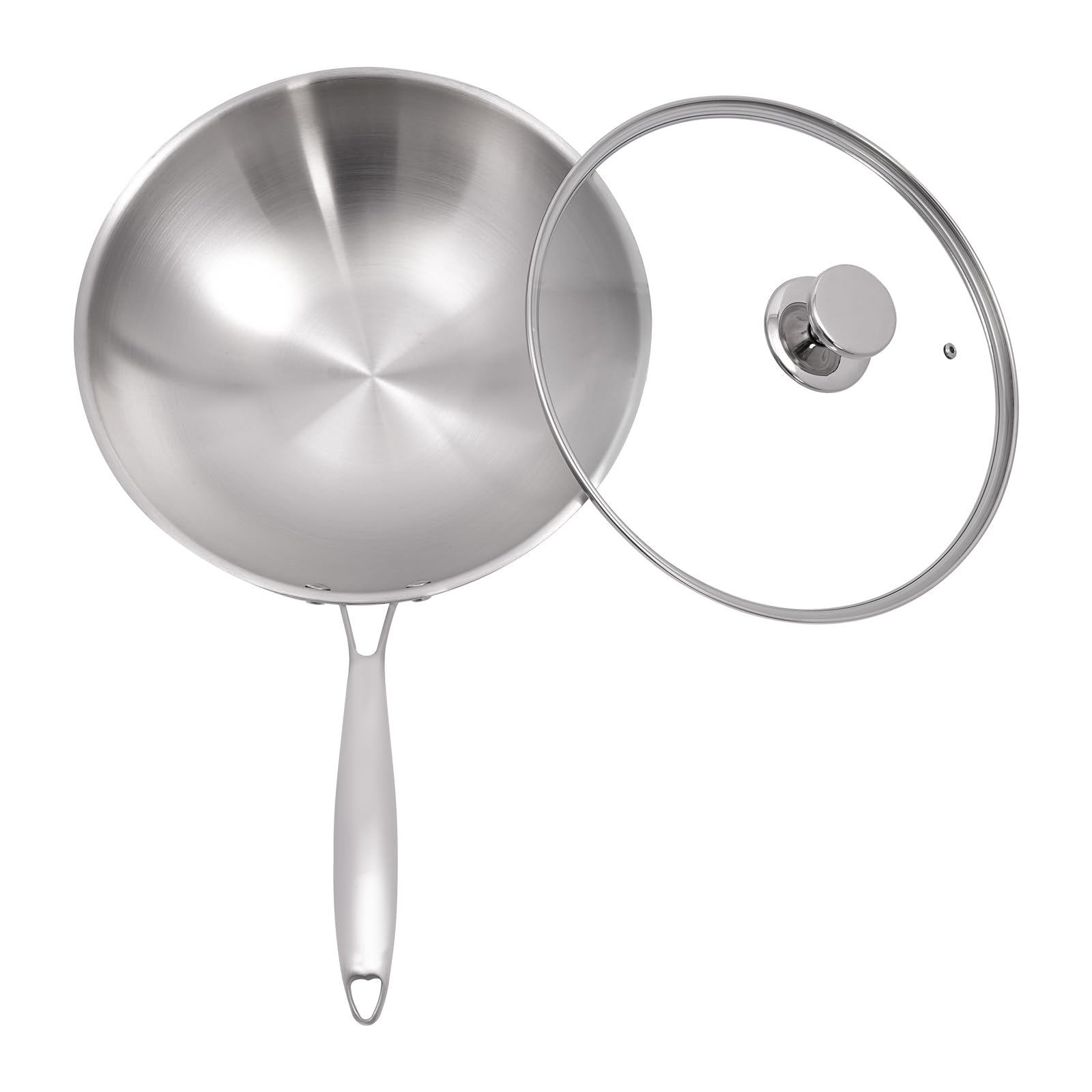 Sartén wok de 30 cm, sartén con tapa wok de acero inoxidable para cocinar platos asiáticos para inducción, eléctrica, gas (plata, 30 cm)