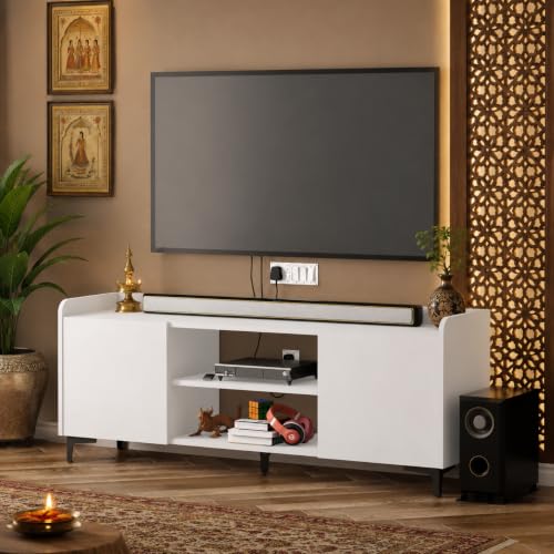 Image of Studio Kook Symphony Global 150 cm TV Unit, Moonshine White | 150 cm engineered wood TV cabinet for 40-65 inch TVs, with two side cabinets, open shelves and a 70 kg tabletop capacity.