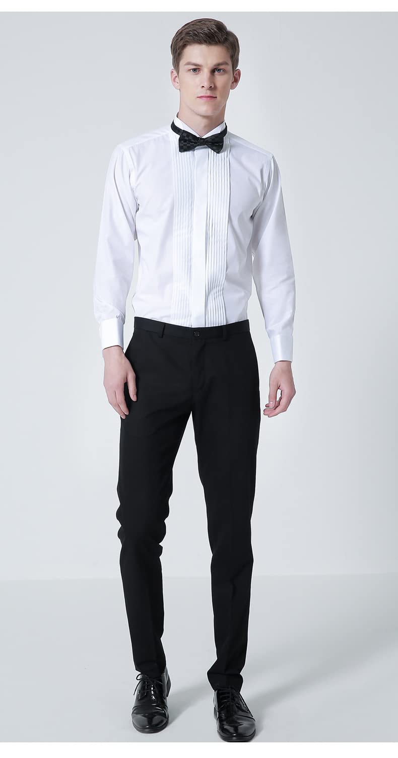 Camicia da uomo alla francese, slim fit, plissettata, colletto pieghevole, camicia da sera, matrimonio, smoking, cena, camicie con papillon