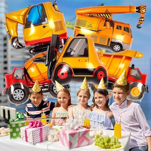 Image of Rozi Decoration Construction Vehicle Foil Balloons for Kids Birthday Party, Excavator Crane Cement Mixer Balloon Set, Aluminium Foil Balloons for Construction Theme Decorations