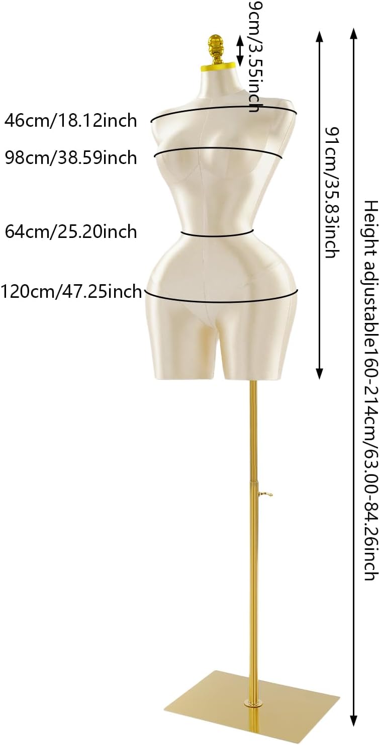 Female Mannequin Body Torso, Adjustable Dress Form, Champagne Clothing Display Model, Stable Free Standing with Base for Boutique Retail Store Photography Studio (Champagne Golden)