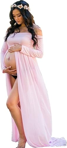 ZIUMUDY Vestido de fotografía de gasa maxi de maternidad vestido frontal dividido para sesión de fotos