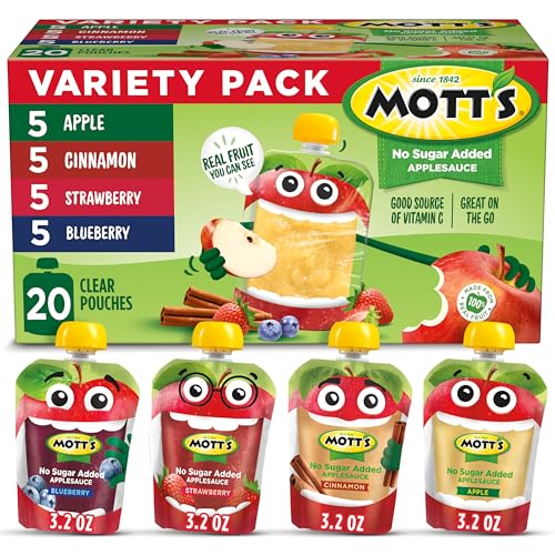 Mott’s No Sugar Added Applesauce Variety Pack, 4 Flavors – Apple, Strawberry, Cinnamon & Blueberry, Made from Real Fruit, No Artificial Flavors, 3.2 Clear Pouches, 20 Pack