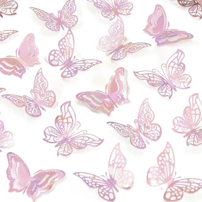 96 Pcs 3D Butterfly Wall Stickers, Pink Hollow Carved Butterfly Wall Decor Decals, 3 Sizes & 4 Styles Removable DIY Butterfly Decorations for Girls Bedroom, Nursery, Wedding, Party and Cake Decor