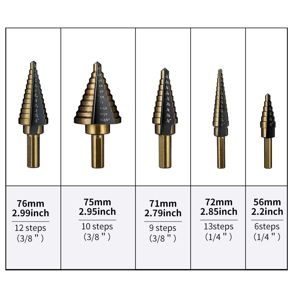Step Drill Bits, 5PCS HSS Titanium Step Drill Bit Set | 50 Sizes High Speed Steel Step Bits for with Aluminum Case