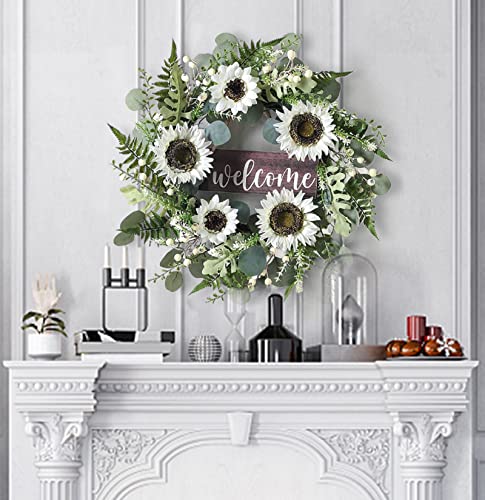 Image of PGANDS Eucalyptus Wreath for Front Door Sunflower Flowers Wreath for All Seasons with Welcome Sign Handmade Artificial Spring Garland for Front Door Garden Window Decor 20 inch
