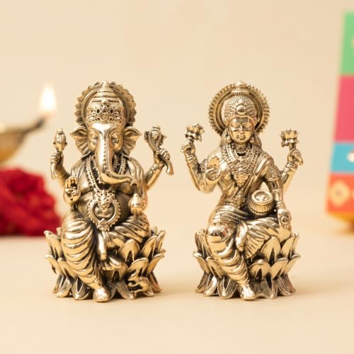 Image of Ekhasa 100% Pure Brass Lakshmi Ganesh Idol with Gift Box | Pital Murti for Pooja Room Decor Office Desk | Religious Housewarming Grah Pravesh Diwali Wedding Gift for Couple