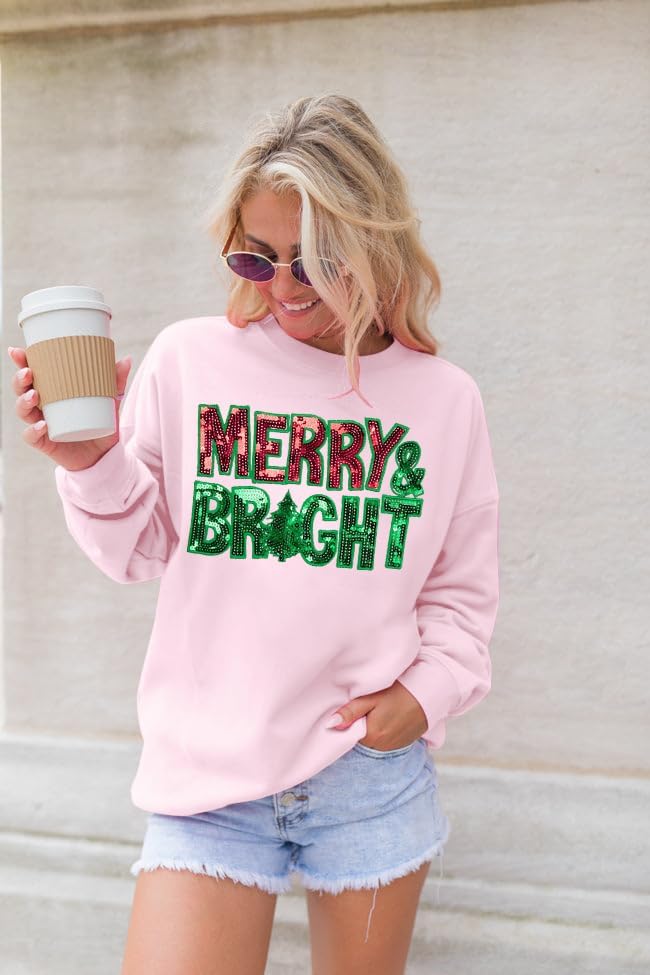Christmas Sweatshirts for Women Merry and Bright Sweatshirt Sequin Merry Christmas Shirt Xmas Holiday Pullover Tops - Image 2
