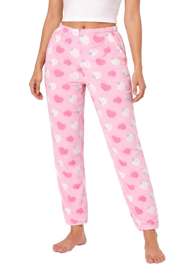 camey Women's Soft Fleece Pajama Pants, Pink Heart Print, Winter Lounge Wear Bottoms with Elastic Waist-picture-30