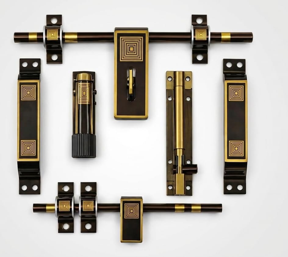 Premium Brass Main Door Handle & Lock Set with Aldrop, Tower Bolt, Hinges & Accessories | Antique Gold Designer Door Hardware Kit for Wooden Doors | Complete Door Fitting Set (MDL 14)-image-41