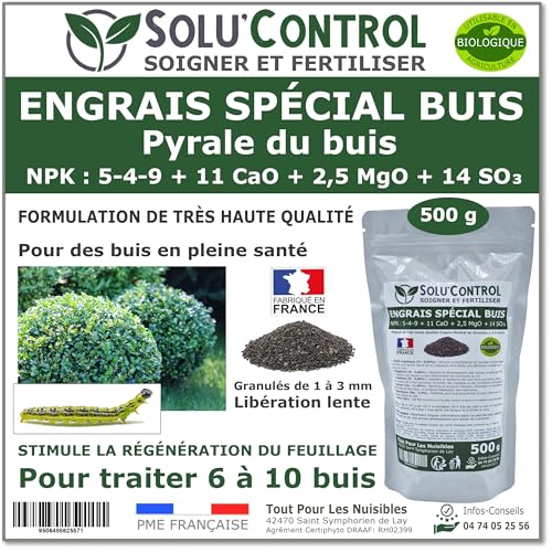 Engrais Spécial Buis 500 g - SoluControl - Formulation haute qualité Organo-Minerale - Idéal après attaque de la chenille de la Pyrale ou maladies du buis