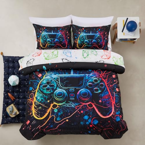 A Nice Night Boys Twin Size 5-Piece Game Console Comforter Set for Kids Teen 3D Colorful Background Space Universe Gamepad Gaming Printed Matching Sheet Sets