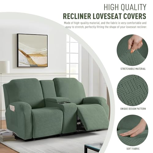 Image of KinCam Loveseat Recliner Covers with Middle Console Slipcover, Recliner Sofa Covers 2 Seat Couch Cover Stripe Jacquard Furniture Protector Covers with Elastic Bottom for Kids, Pets (Greyish Green)