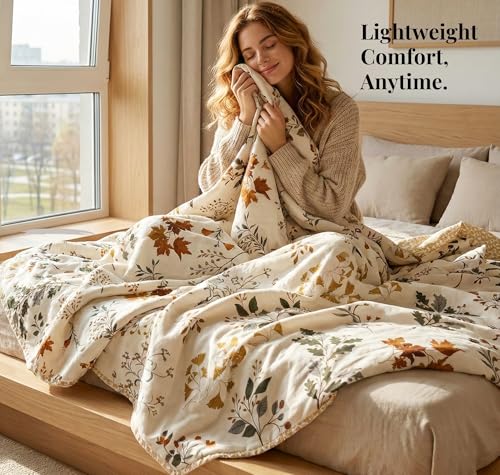 Image of VAS COLLECTIONS Cotton AC Blanket for Single Bed (152 x 225 cm) | Reversible Soft Lightweight All-Season Blanket | Skin-Friendly & Breathable Comforter (Golden Leaf Garden)