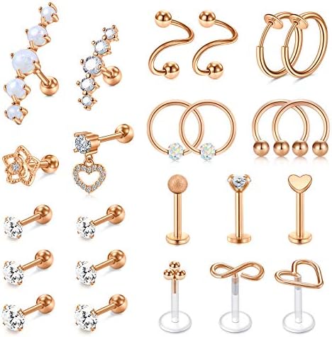 Mayhoop 4-12 Pcs Tragus Helix Earrings Ear Studs 16G Stainless Steel Flower Opal Horseshoe Ring Cartilage Earrings Piercing Jewelry