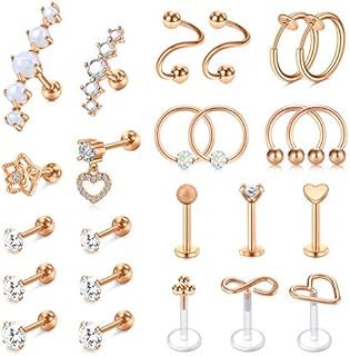 Mayhoop 4-12 Pcs Tragus Helix Earrings Ear Studs 16G Stainless Steel Flower Opal Horseshoe Ring Cartilage Earrings Piercing Jewelry
