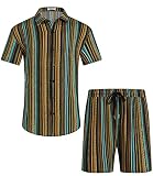 EISHOPEER Men's Striped Button Down Hawaiian Sets Casual Short Sleeve Shirt and Shorts Suits Small