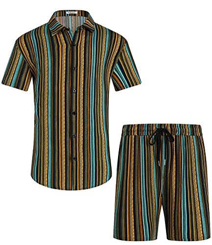Eishopeer Men's Striped Button Down Hawaiian Sets Casual Short Sleeve Shirt And Shorts Suits Small #TOP17