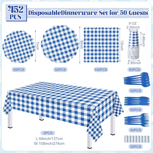Image of Funnymoom 452 Pcs Blue Gingham Party Supplies for 50, Dark Blue and White Gingham Checkered Paper Plates Napkins Cups Tablecloth Cutlery Straws for Birthday Family Picnic Barbecue Party Decoration