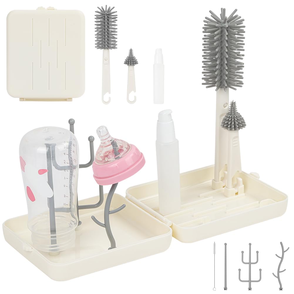 Vicloon 6 in 1 Spazzole per biberon, set da viaggio con spazzola in silicone per biberon/tettarella/cannuccia, dispenser di sapone, stendibiancheria (Bianco