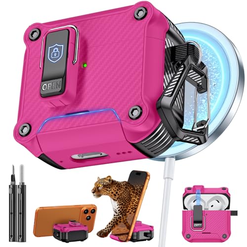 Image of Inesore for AirPods 4 Case with Secure Lock (Rose red) | Phone Stand Design,Compatible with MagSafe,Automatic Snap Switch Secure Cover Carbon Fiber Texture with Cleaner Kit