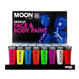 Producto genuino Moon Glow. Moon Glow - Pintura Corporal y Facial 12ml Intenso UV GLOW Conjunto De 48 Tubos Neón Fluorescente incandescente - Soporte de exhibición de acrílico incluido