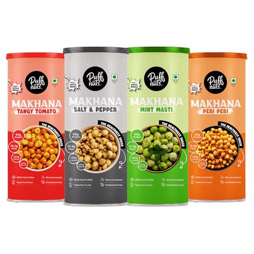Image of Puffnuts COMBO of 4 Roasted and Flavoured Makhana | Healthy Snack | Namkeen Snacks | Puffed Snacks | Gluten Free | Cholesterol Free | Protein Rich | Fiber Rich | With Calcium & Magnesium | Roasted in Olive Oil - 308g (Pack Of 4 x 77g, Mint Masti, Peri Peri, Salt & Pepper, Tangy Tomato)