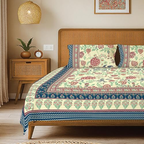 Image of Urban Space 100% Cotton Jaipuri Handblock Premium Printed King Size Bedsheet with 2 Pillow Covers, 240 TC Cotton King Bedsheet (108 x 108 Inches, Gulbagh Navy)
